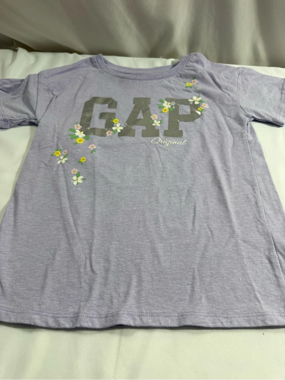 GAP Lavender Tee with Silver Logo and Floral Accent